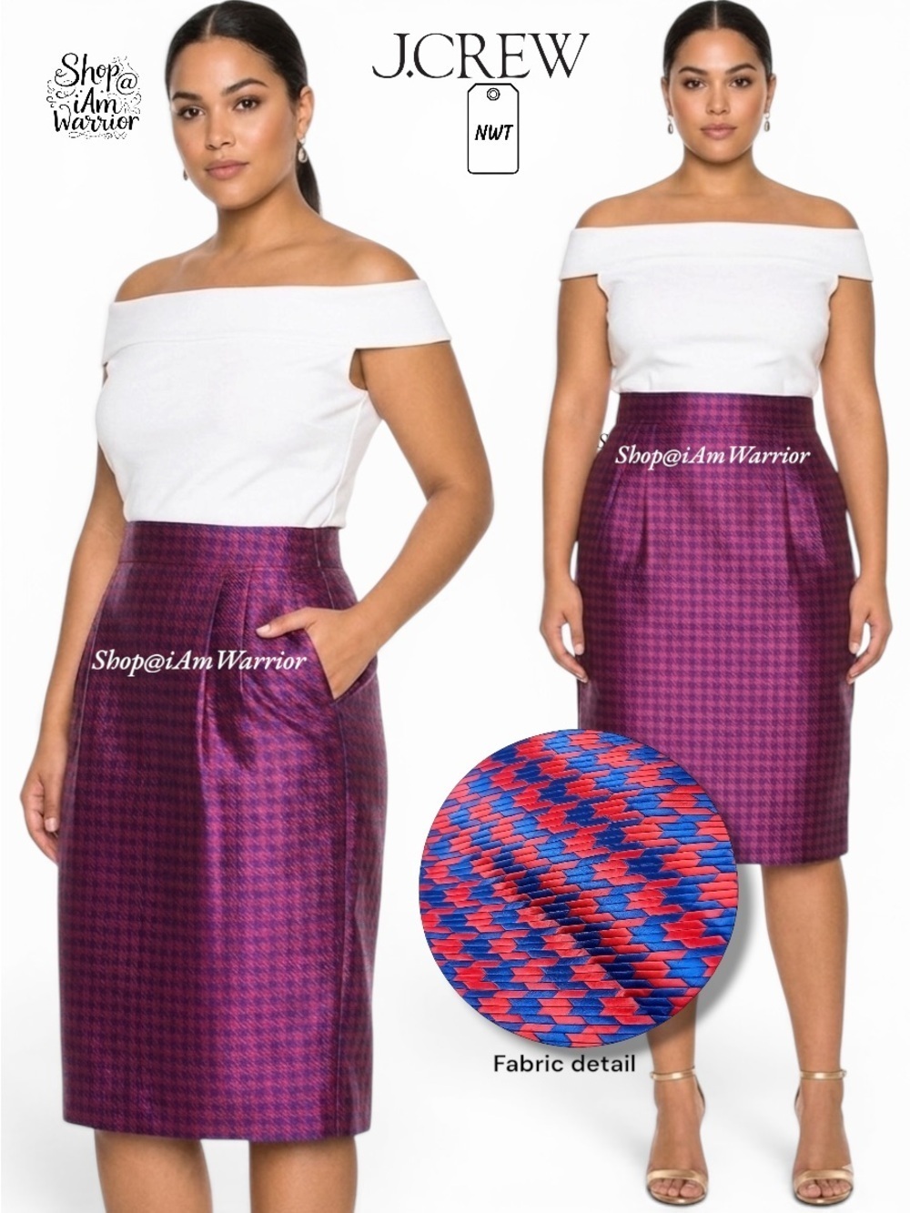 J.Crew NWT cobalt & red houndstooth high waisted pencil skirt *Shop@iamwarrior